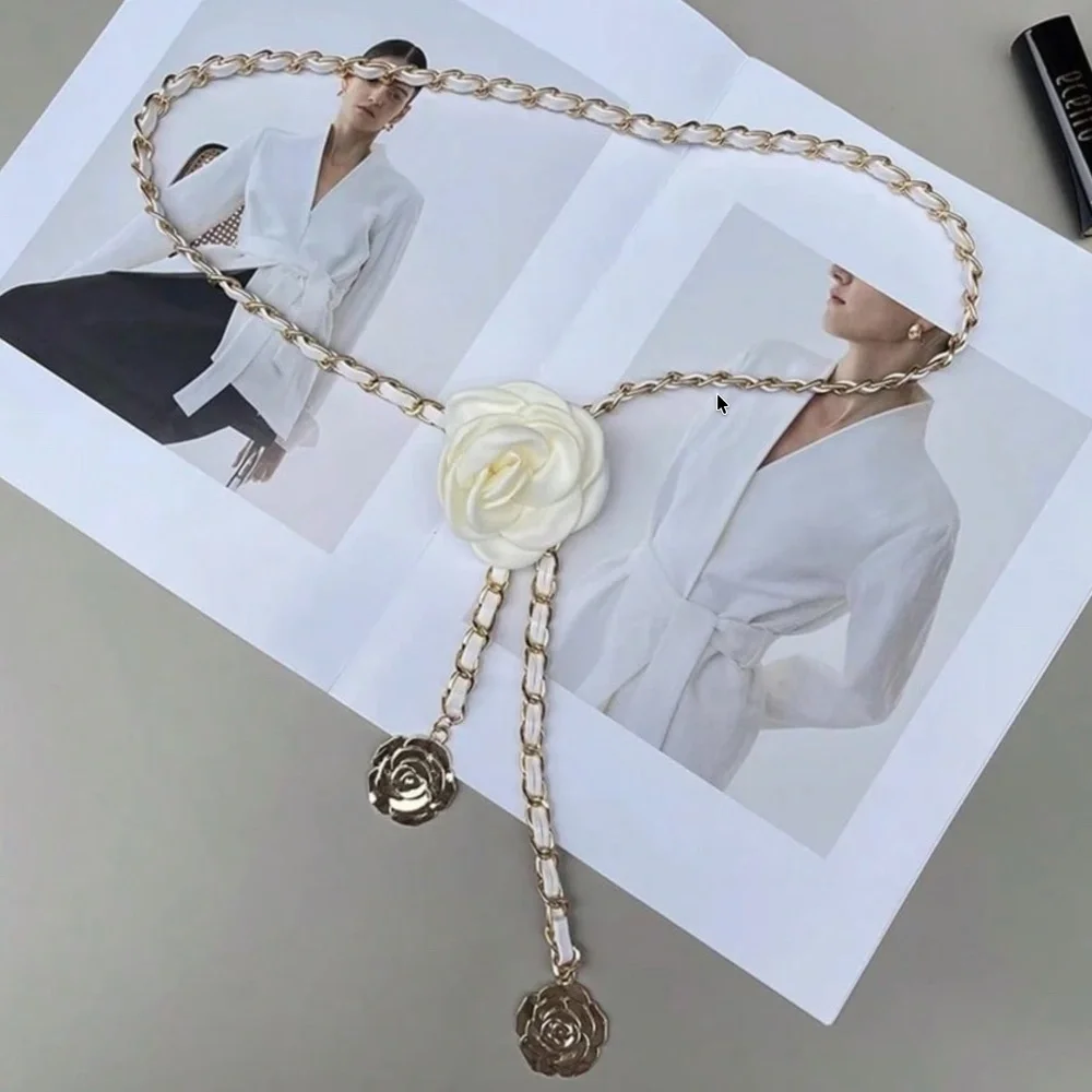 Classic Vegan Leather Gold Tone Chain Flower Belt